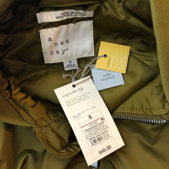 A New Day Womens Olive Green Water Resistant Bomber Jacket Size S - Picture 5 of 7